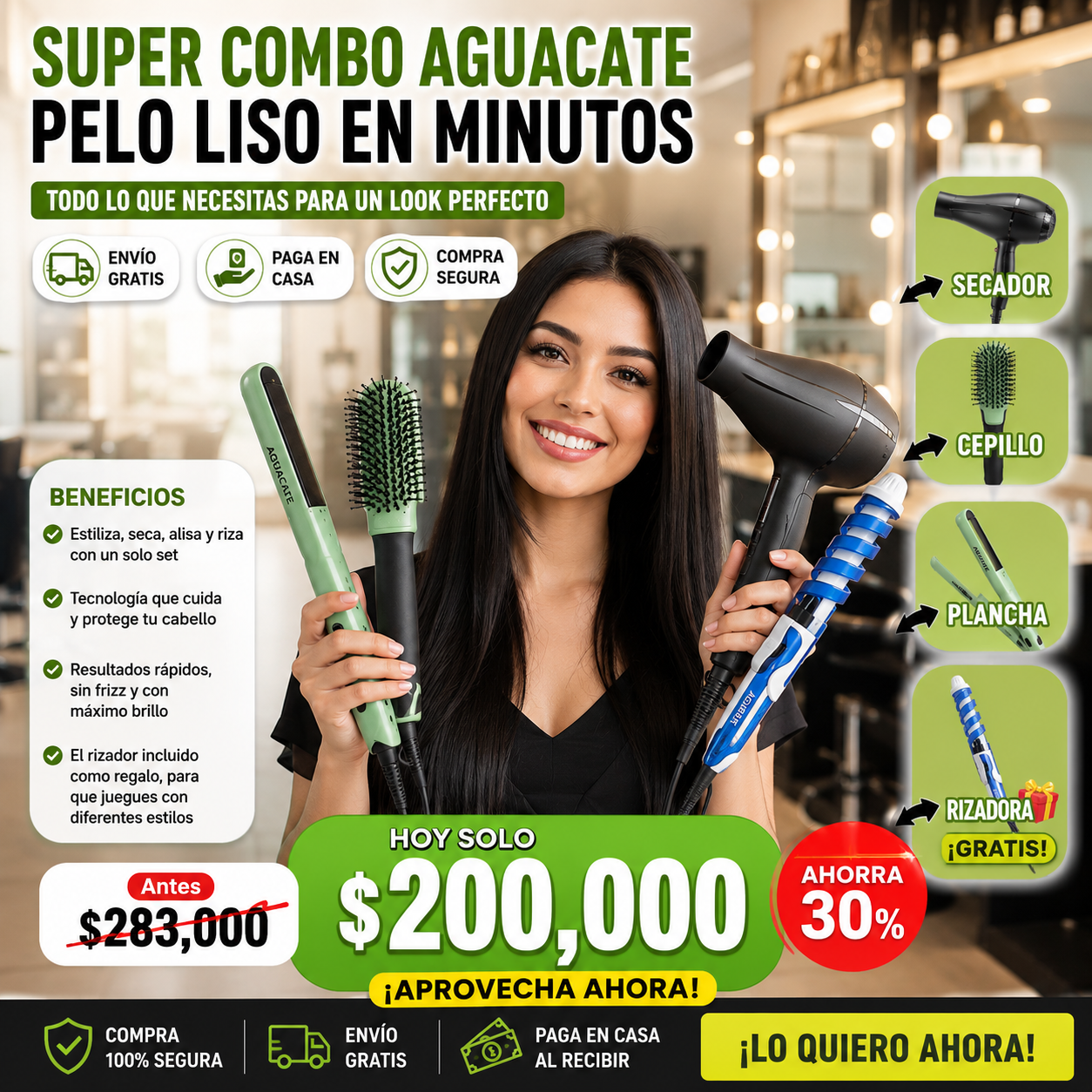 💚 Combo  4 En 1 + Rizador GRATIS | Peina, Seca, Alisa y Crea Ondas