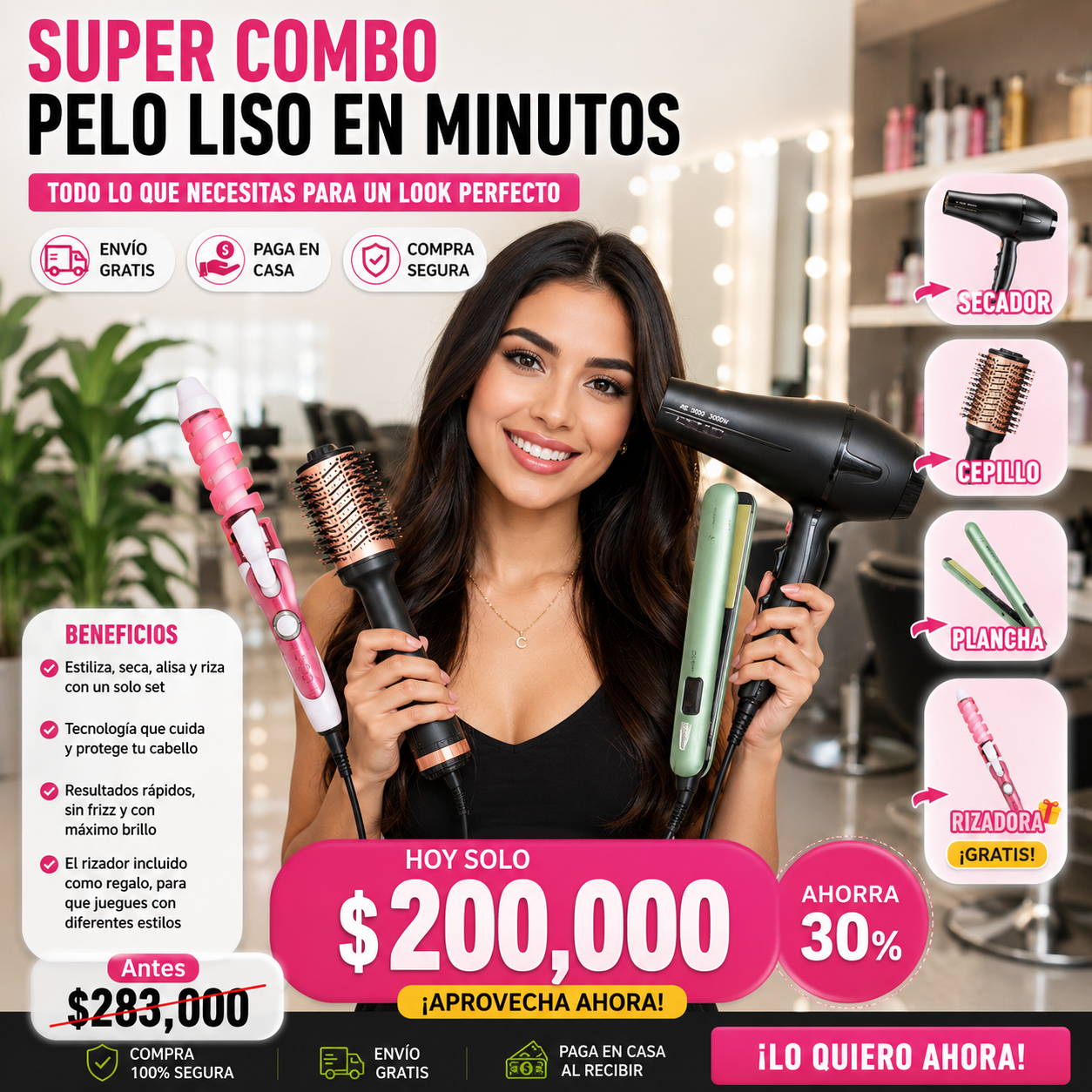 💚 Combo  4 En 1 + Rizador GRATIS | Peina, Seca, Alisa y Crea Ondas